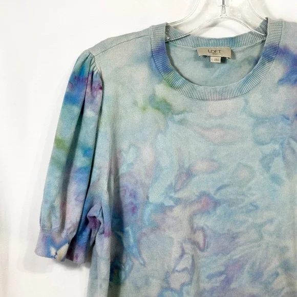 LOFT Large Top Handmade Tie‎ Dye Puff Sleeve Blue Purple Knit Boho Whimsy 1545 - Picture 4 of 10